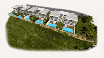 Perspective of villas with swimming pools in the b